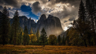 Man field mountain trees clouds - dramatic light free wallpaper