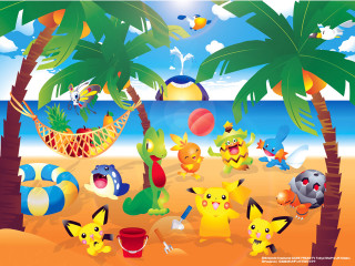 Pokemon beach hammock palm trees - a group of pokemons free wallpaper
