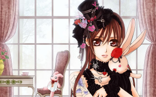 Gothic anime woman pinkflower rabbithand - a black dress holding free wallpaper for desktop