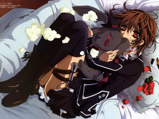 Anime couple bed cats chest - their shoulder free wallpaper