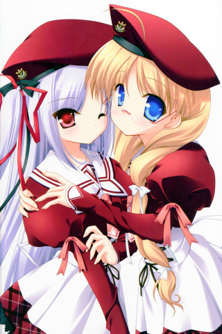 Anime girls hugging red hat - their body free wallpaper
