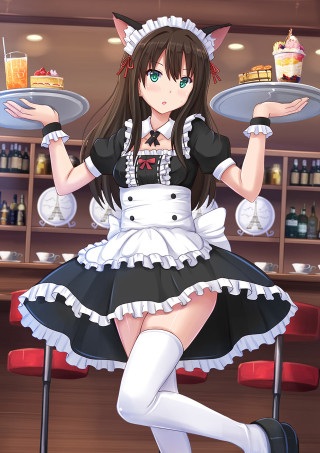 Woman maid outfit tray food - a restaurant free wallpaper