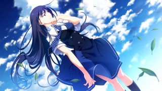 Girl blue dress flying hair 2 - blue sky free wallpaper for desktop