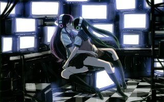 Woman headphones checkered floor anime - floor free wallpaper for desktop