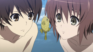 Anime girls fish smiling camera - each others eye free wallpaper