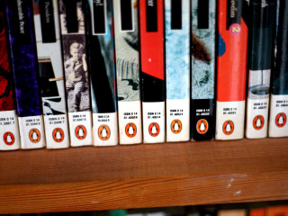 Bookshelf red circle black white - photo of a man free wallpaper