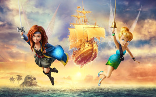 Cartoon girls flying pirate ship - two girl free wallpaper