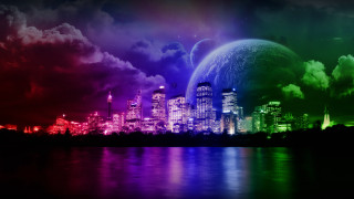 City skyline rainbow colored sky 3 - beeple free wallpaper