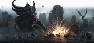 Demonic creatures attack city fire - fire and smoke free wallpaper