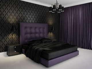 Purple headboard black bed black 2 - a bedroom free wallpaper