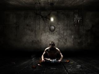 Man sitting dark room clock 5 - dark art free wallpaper for desktop