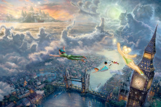 Fairy flying city clocktower ledged - over a city free wallpaper