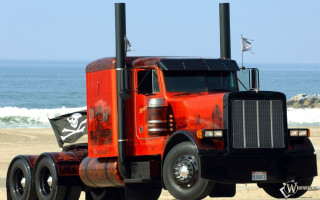 Red truck beach ocean flag - a red truck free wallpaper for desktop