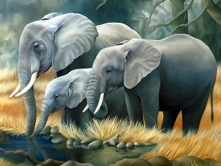 Three elephants grass stream rocks - oil painting free wallpaper for desktop