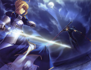 Blue dress woman sword clouds - ufotable free wallpaper
