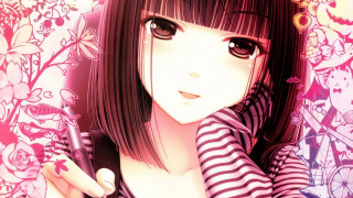 Girl cellphone flower background smiling - artist free wallpaper