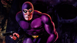 Man purple costume gun skull - a black background free wallpaper for desktop