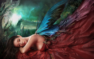 Woman red dress blue butterfly - dark fantasy art free wallpaper