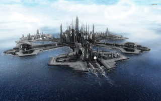 Futuristic city floating ocean cloudy - christopher moeller free wallpaper