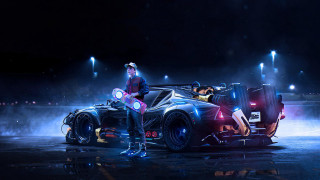 Man car neon light woman - 8 k concept art free wallpaper for desktop