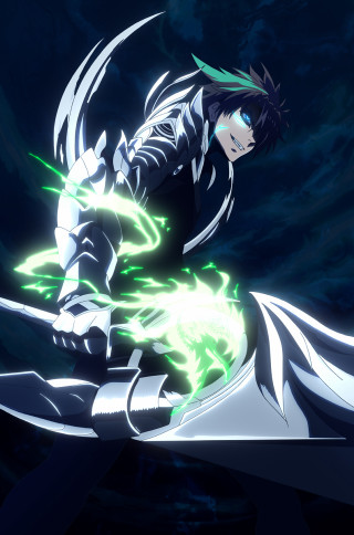 Man black suit green lights - his hand and a sword free wallpaper for mobile