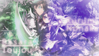 Anime couple purple hair green - the other holding free wallpaper