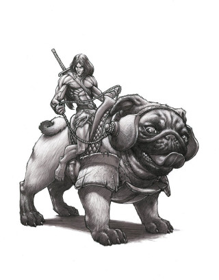 Woman riding pug sword drawing - free dogs wallpaper for mobile
