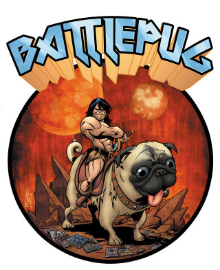 Cartoon woman riding pug sword 3 - a pug dog free wallpaper