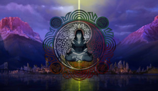 Woman lotus position mountain range - computer art free wallpaper for desktop