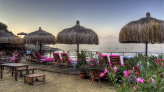 Beach chairs umbrellas flowers sand - hdr free wallpaper