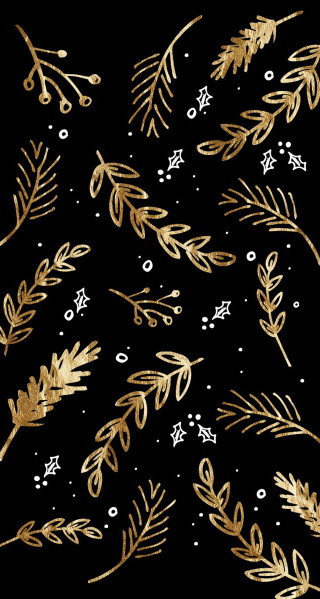 Black background gold leaves snowflakes - white dot free wallpaper for mobile