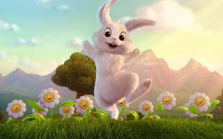 Cartoon bunny jumping field flowers 4 - a cartoon bunny free wallpaper