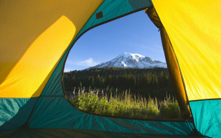 Tent mountain reflection window view - a tent free wallpaper