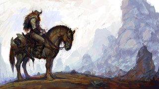 Man riding horse mountains sky - a painting of a man riding free wallpaper