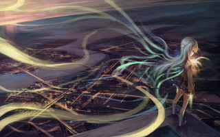 Woman standing ledged city painting - a ledge free wallpaper