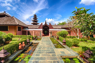 Walkway building pond pagoda panorama - basuki abdullah free wallpaper