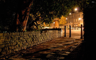 Stone wall tree city night - andrew geddes free wallpaper