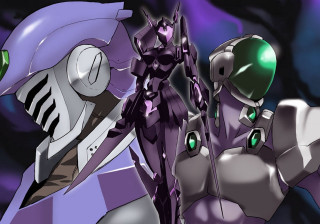 Robots couple purple background green - mecha free wallpaper