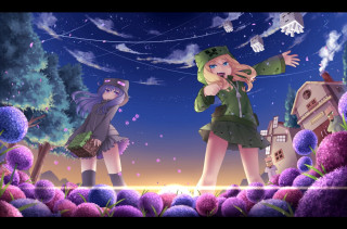 Girls standing field flowers night - a field of flowers free wallpaper