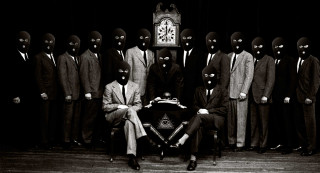 Men suits masks clock tower - occult free wallpaper