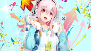 Girl pink hair headphones blue - arrow free wallpaper for desktop