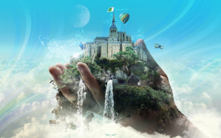 Hand waterfall castle sky rainbow - a hand holding free wallpaper