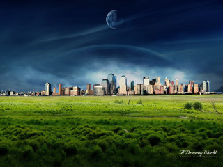 City skyline dark sky green - a green field in the foreground free wallpaper
