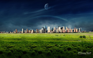City skyline moon green field - a moon in the sky free wallpaper