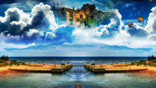 Surreal house beach pier hotairballoons - hot air balloon free wallpaper