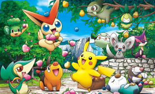 Pokemon park starters trees stonewall - a group of pokemons free wallpaper for desktop