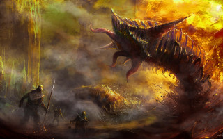 Dragon attack man forest fire - a painting of a dragon free wallpaper for desktop