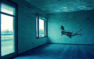 Woman floating room window sky - a surrealist painting free wallpaper