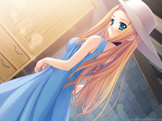 Girl blue dress hat kitchen - long hair free wallpaper