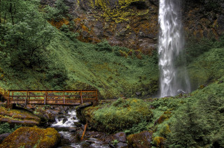 Waterfall bridge wooden moss rocks - the rock free wallpaper